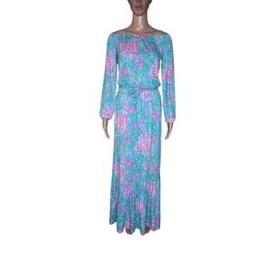 Lilly Pulitzer Odella Womens Summer Floral Print Off The Shoulder Maxi Dress XS